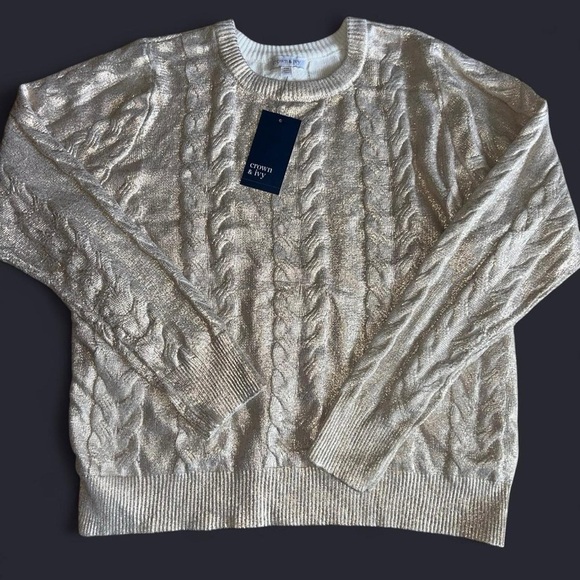 Crown & Ivy Cable Knit Gold Metallic Sweater - Size PM (Petite Medium) NWT - Picture 4 of 9